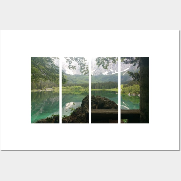 A static shot from the shore of Fusine lake in the Julian Alps with snowy mountains in background and a bench. Beautiful nature in a spring cloudy day; no people around. Italy Wall Art by fabbroni-art